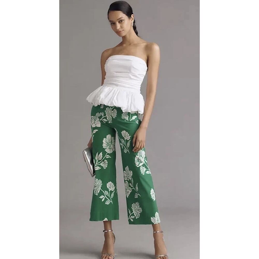 Anthropologie Green Floral Cropped Colette Wide-Leg Pants